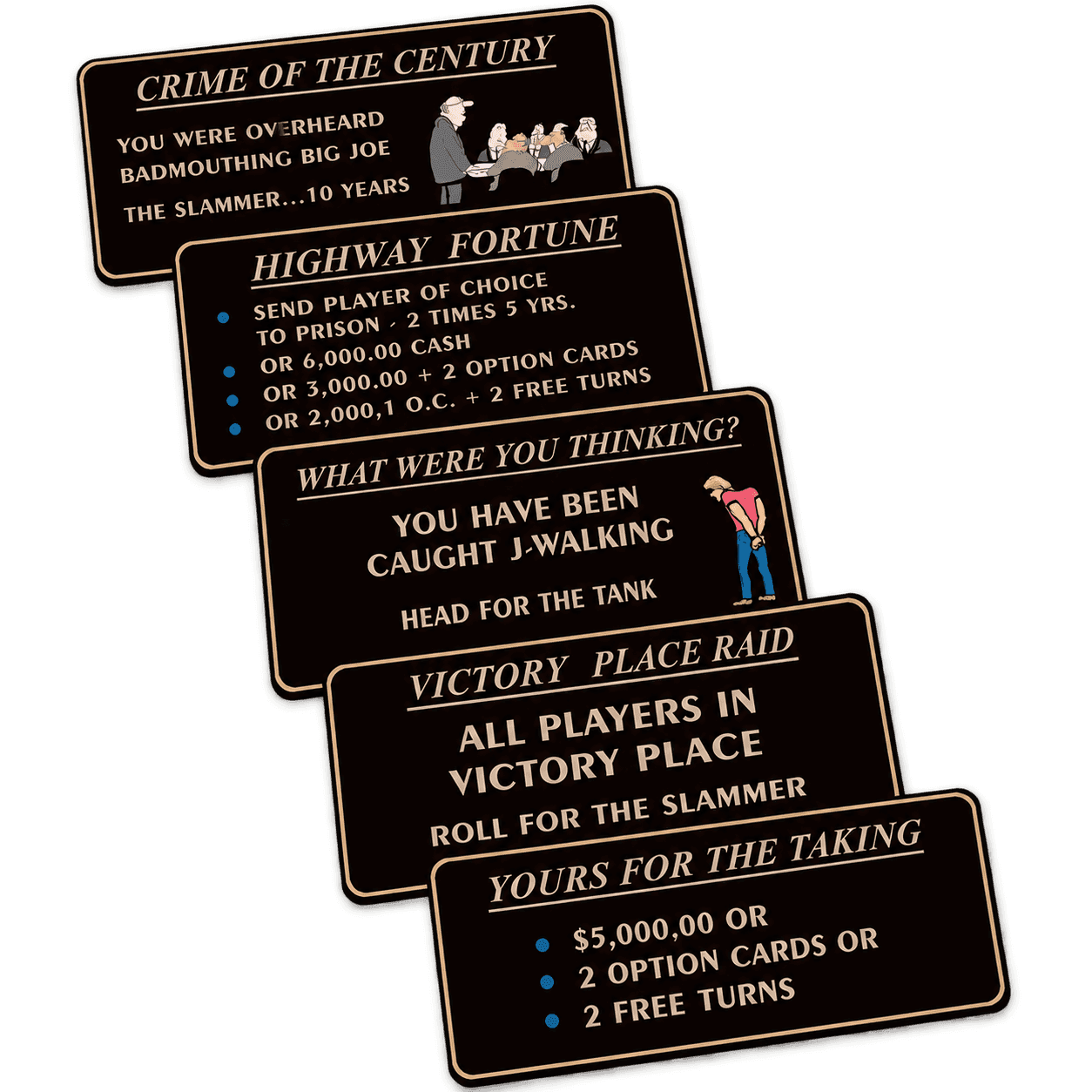 A fanned stack of Thieves' Highway cards, including Crime of the Century, Highway Fortune, and Victory Place Raid