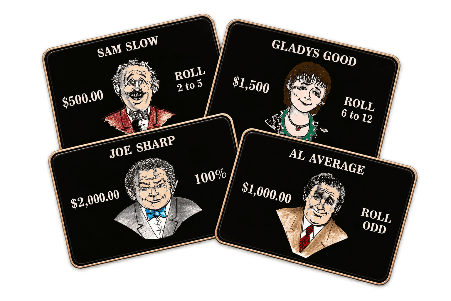 The four lawyer cards of Thieves' Highway: Sam Slow, Gladys Good, Joe Sharp, and Al Average
